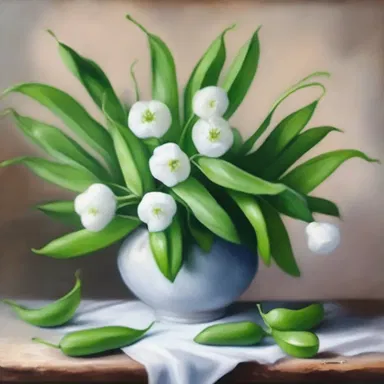 The artist created a beautiful still life painting featuring a bouquet of snow peas.