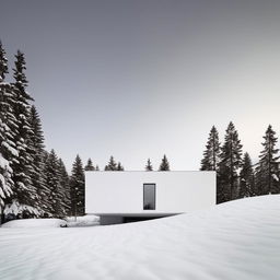 A modern, all-white house with sleek lines and minimalist design, nestled softly amid a serene, snowy landscape.