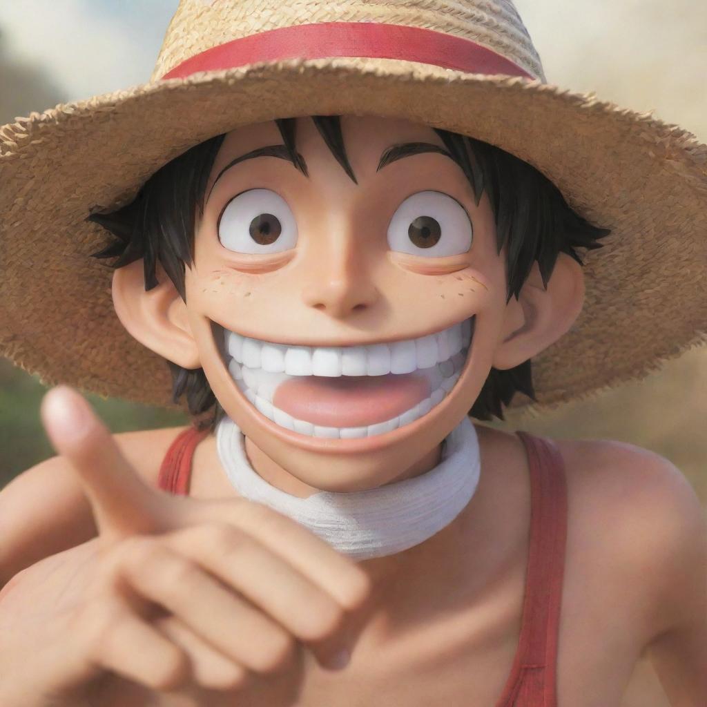 Monkey D Luffy, a cheerful character from One Piece, wearing his iconic straw hat, holding it with one hand, and looking directly at the viewer with determination in his eyes.