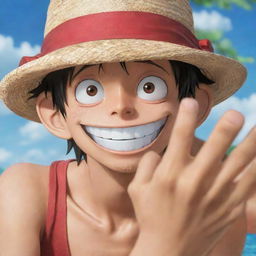 Monkey D Luffy, a cheerful character from One Piece, wearing his iconic straw hat, holding it with one hand, and looking directly at the viewer with determination in his eyes.