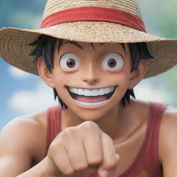 Monkey D Luffy, a cheerful character from One Piece, wearing his iconic straw hat, holding it with one hand, and looking directly at the viewer with determination in his eyes.