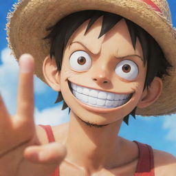 Monkey D Luffy, a cheerful character from One Piece, wearing his iconic straw hat, holding it with one hand, and looking directly at the viewer with determination in his eyes.