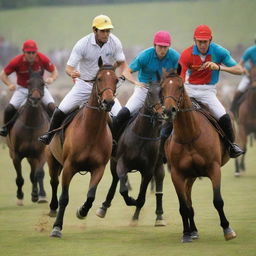 Craft an energetic poster themed around polo matches, featuring multiple horses and players in vibrant colors, all set against the engaging backdrop of a polo ground.