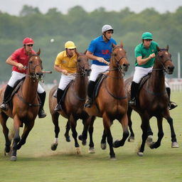 Craft an energetic poster themed around polo matches, featuring multiple horses and players in vibrant colors, all set against the engaging backdrop of a polo ground.