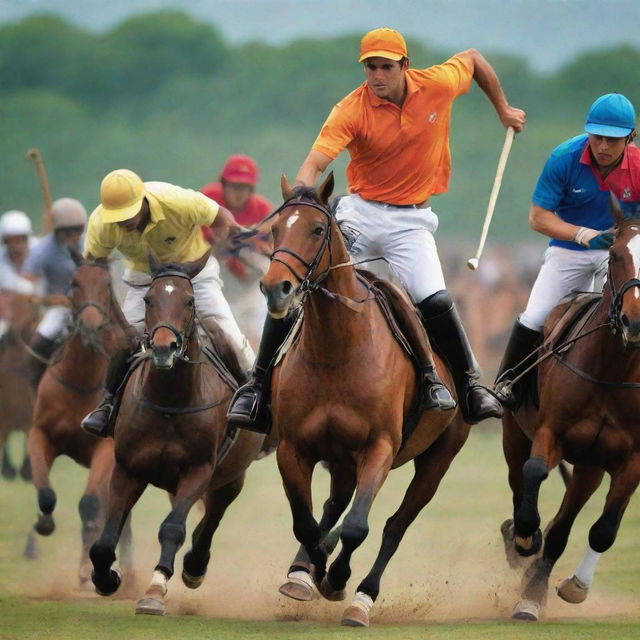 Craft an energetic poster themed around polo matches, featuring multiple horses and players in vibrant colors, all set against the engaging backdrop of a polo ground.