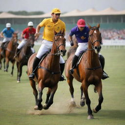 Craft an energetic poster themed around polo matches, featuring multiple horses and players in vibrant colors, all set against the engaging backdrop of a polo ground.