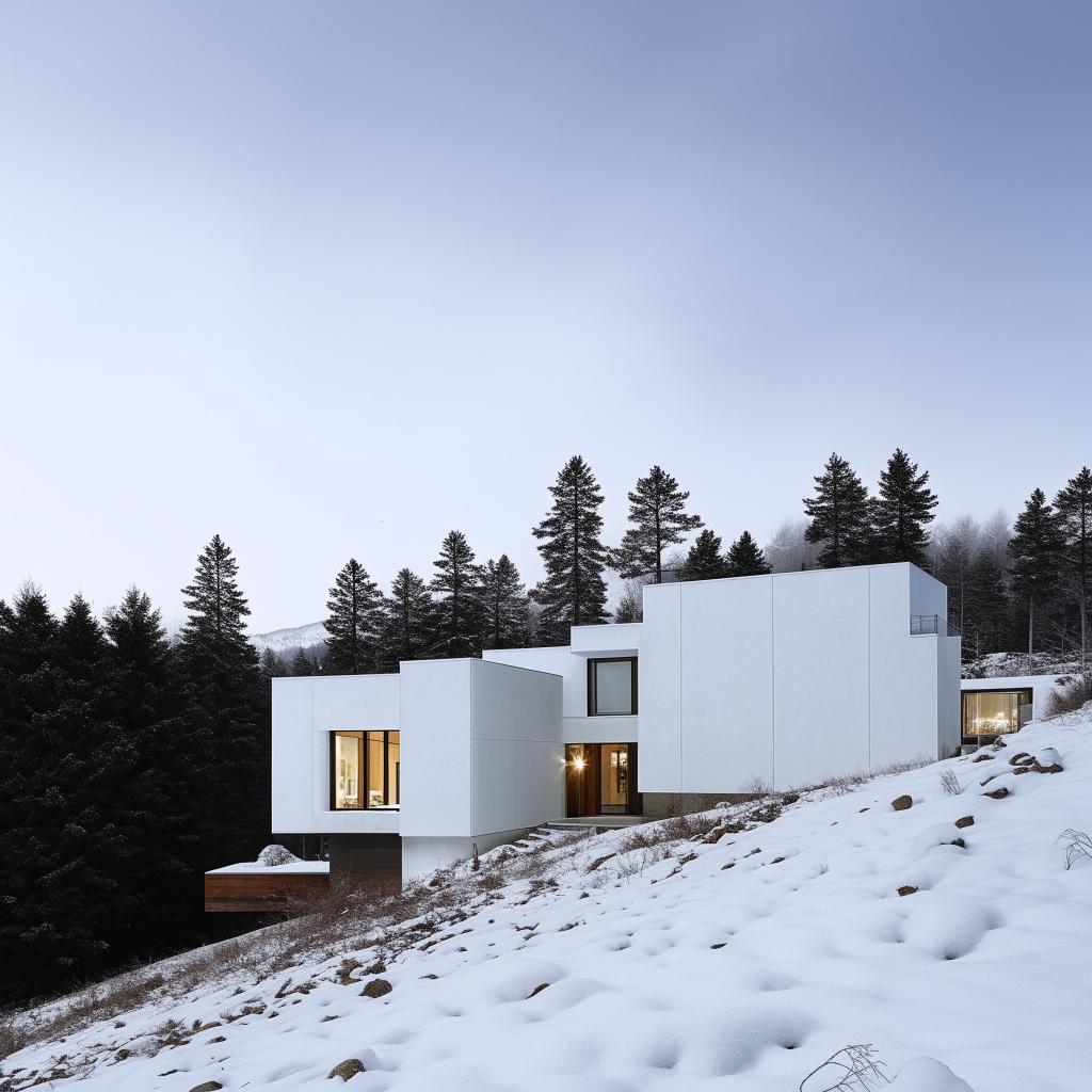 A modern, all-white house with sleek lines and minimalist design, nestled softly amid a serene, snowy landscape.