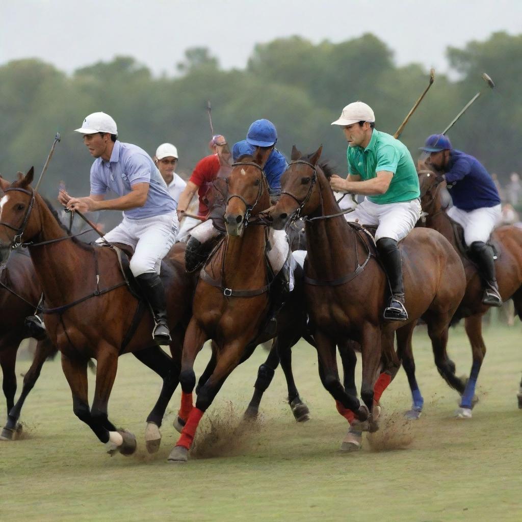 Construct a dynamic, color-rich poster highlighting a polo match. Include multiple horses with players in action and place them in the context of a detailed polo ground background.