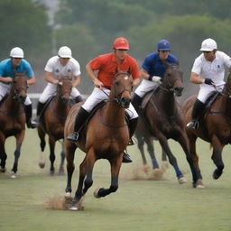 Construct a dynamic, color-rich poster highlighting a polo match. Include multiple horses with players in action and place them in the context of a detailed polo ground background.