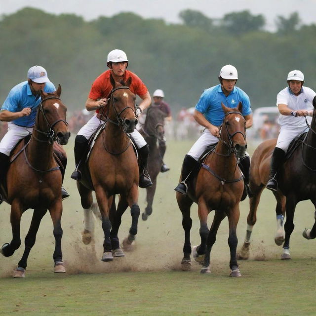 Construct a dynamic, color-rich poster highlighting a polo match. Include multiple horses with players in action and place them in the context of a detailed polo ground background.