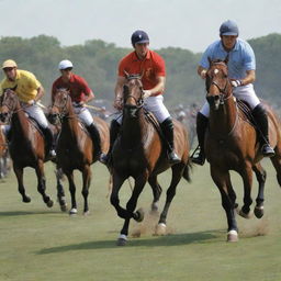 Construct a dynamic, color-rich poster highlighting a polo match. Include multiple horses with players in action and place them in the context of a detailed polo ground background.