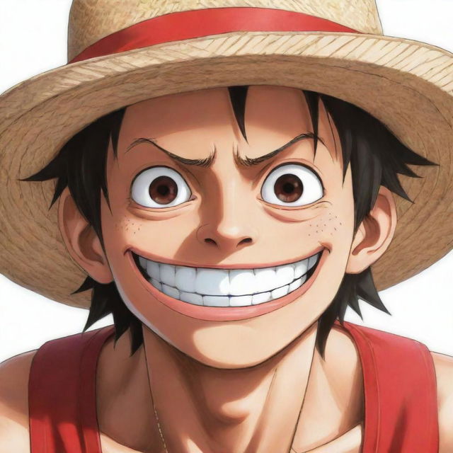 Anime style illustration of Monkey D Luffy from One Piece, donning his signature straw hat and looking at the viewer with a riveting gaze.