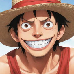 Anime style illustration of Monkey D Luffy from One Piece, donning his signature straw hat and looking at the viewer with a riveting gaze.