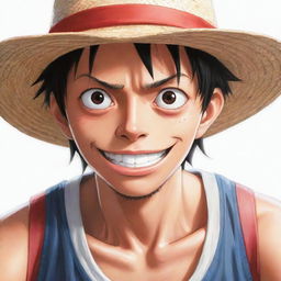 Anime style illustration of Monkey D Luffy from One Piece, donning his signature straw hat and looking at the viewer with a riveting gaze.