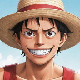 Anime style illustration of Monkey D Luffy from One Piece, donning his signature straw hat and looking at the viewer with a riveting gaze.