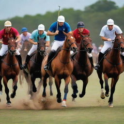 Design a vibrant poster of a polo match featuring multiple horses with players, and envelop it in the dynamic, colorful ambiance of a polo ground.