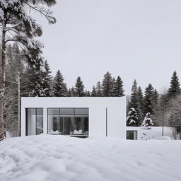 A modern, all-white house with sleek lines and minimalist design, nestled softly amid a serene, snowy landscape.