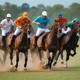 Design a vibrant poster of a polo match featuring multiple horses with players, and envelop it in the dynamic, colorful ambiance of a polo ground.