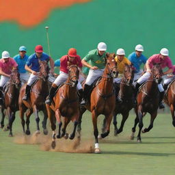 Design a vibrant poster of a polo match featuring multiple horses with players, and envelop it in the dynamic, colorful ambiance of a polo ground.