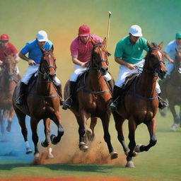 Design a vibrant poster of a polo match featuring multiple horses with players, and envelop it in the dynamic, colorful ambiance of a polo ground.