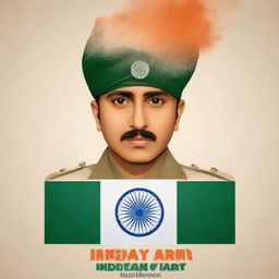 Create a striking poster for Indian Army Day on January 15th, showcasing respect and appreciation for the Indian Army. Imbue it with patriotism, valor, and sacrifice, incorporating traditional Indian patterns, and the colors of the Indian flag.