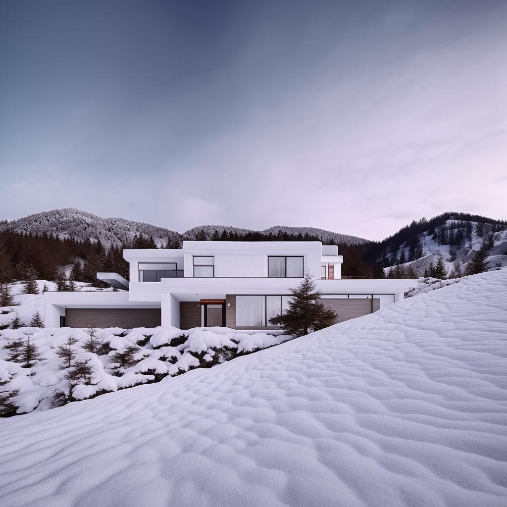 A modern, all-white house with sleek lines and minimalist design, nestled amidst a serene snowy landscape, overlayed with a strong Instagram filter to enhance its aesthetics.