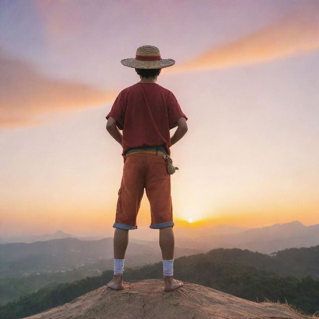 Monkey D Luffy from One Piece standing on a hill, holding his iconic straw hat, with a captivating sunset backdrop. He gazes at the viewer with an enigmatic stare.