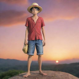 Monkey D Luffy from One Piece standing on a hill, holding his iconic straw hat, with a captivating sunset backdrop. He gazes at the viewer with an enigmatic stare.