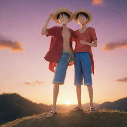 Monkey D Luffy from One Piece standing on a hill, holding his iconic straw hat, with a captivating sunset backdrop. He gazes at the viewer with an enigmatic stare.