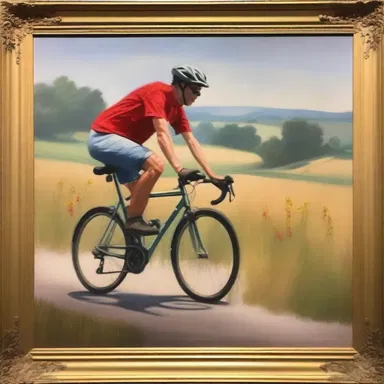 The art gallery featured a beautiful painting of a bicyclist riding through the countryside.