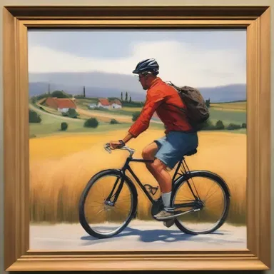 The art gallery featured a beautiful painting of a bicyclist riding through the countryside.
