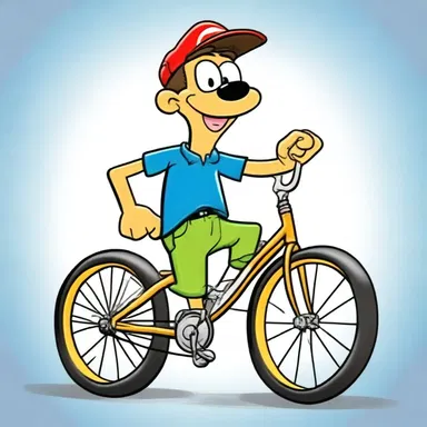 In the cartoon show, the main character is always portrayed as a goofy bicyclist.