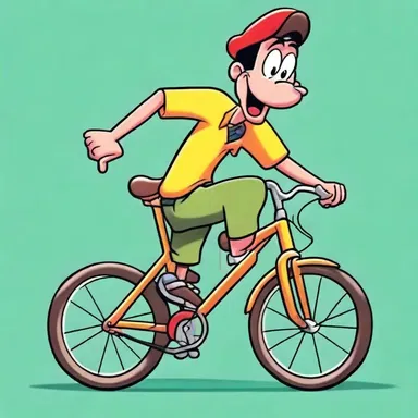 In the cartoon show, the main character is always portrayed as a goofy bicyclist.