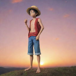 Monkey D Luffy from One Piece standing on a hill, holding his iconic straw hat, with a captivating sunset backdrop. He gazes at the viewer with an enigmatic stare.