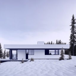 A modern, all-white house with sleek lines and minimalist design, nestled amidst a serene snowy landscape, overlayed with a strong Instagram filter to enhance its aesthetics.