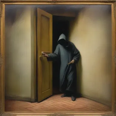 The painting portrays a mysterious figure stealing away in the corner, adding an intriguing element to the artwork.