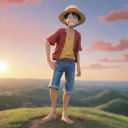 Anime-style depiction of Monkey D Luffy from One Piece, standing on a hill during sunset. He is wearing his trademark straw hat, holding it and giving a normal, friendly smile while looking directly at the viewer.