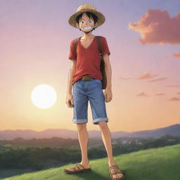 Anime-style depiction of Monkey D Luffy from One Piece, standing on a hill during sunset. He is wearing his trademark straw hat, holding it and giving a normal, friendly smile while looking directly at the viewer.