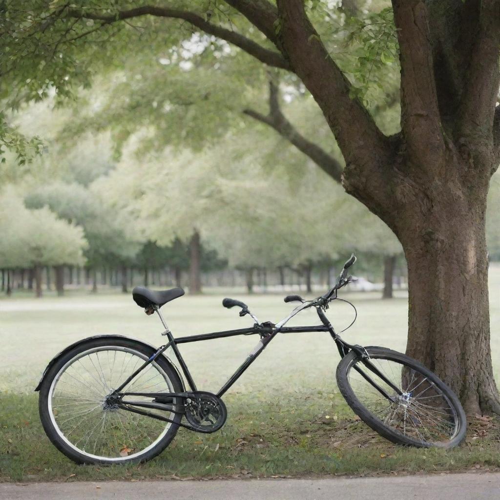 A sleek, modern bicycle resting under a tree in a peaceful park