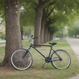 A sleek, modern bicycle resting under a tree in a peaceful park