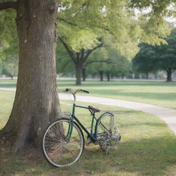 A sleek, modern bicycle resting under a tree in a peaceful park