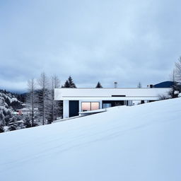 A modern, all-white house with sleek lines and minimalist design, nestled amidst a serene snowy landscape, overlayed with a strong Instagram filter to enhance its aesthetics.