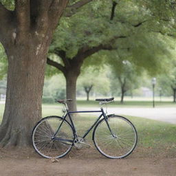 A sleek, modern bicycle resting under a tree in a peaceful park