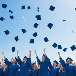 A vibrant and joyful graduation ceremony, with graduates throwing their caps in the air, under a clear blue sky