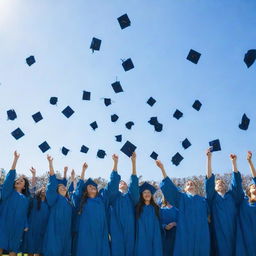 A vibrant and joyful graduation ceremony, with graduates throwing their caps in the air, under a clear blue sky