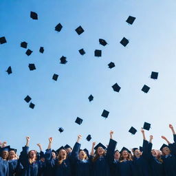 A vibrant and joyful graduation ceremony, with graduates throwing their caps in the air, under a clear blue sky