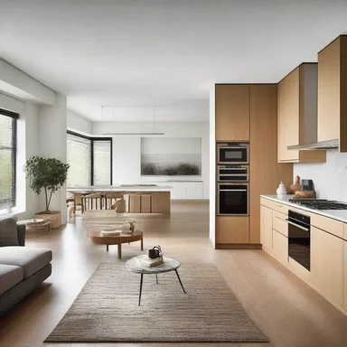 The consolidation of the living room and kitchen into one open space creates a seamless flow for easy movement and interaction.