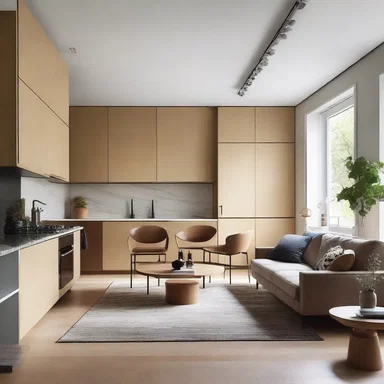 The consolidation of the living room and kitchen into one open space creates a seamless flow for easy movement and interaction.