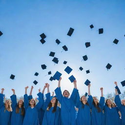 A vibrant and joyful graduation ceremony, with graduates throwing their caps in the air, under a clear blue sky