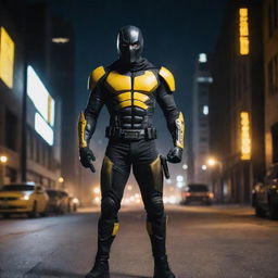 Superhero warrior equipped with a yellow and black gun, standing confidently on the desolate dystopian city streets under the night sky.